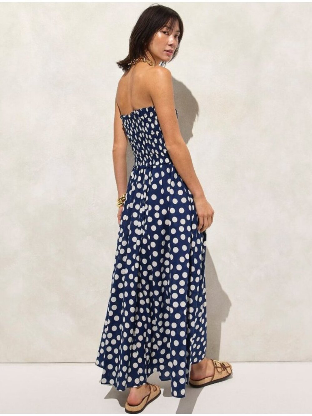 J. Crew Smocked Maxi Dress with Straps in Cotton Voile Navy Polka Dot Size S - Picture 4 of 13
